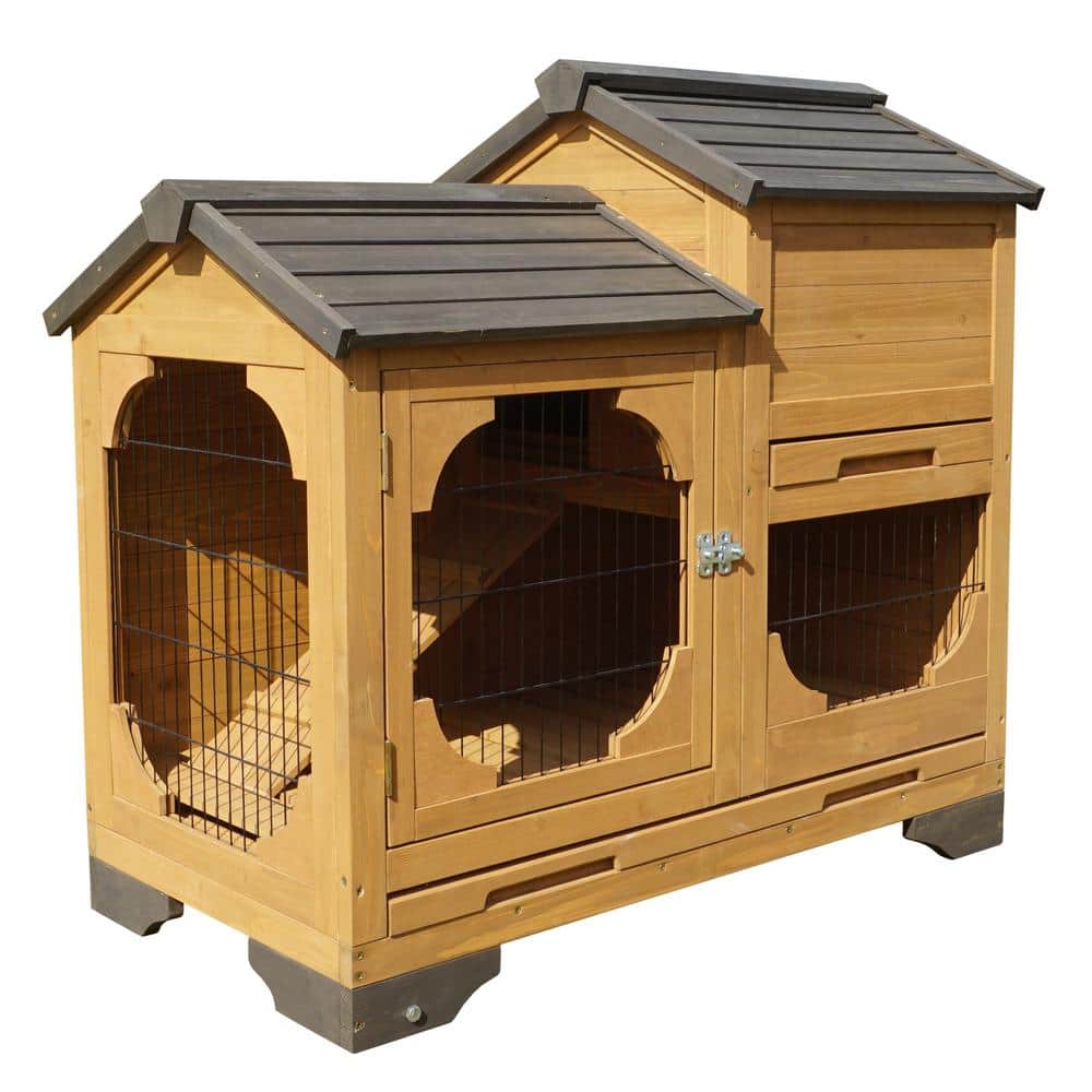 Victorian Style Solid Wood Outdoor Rabbit Hutch with Black Metal Cage
