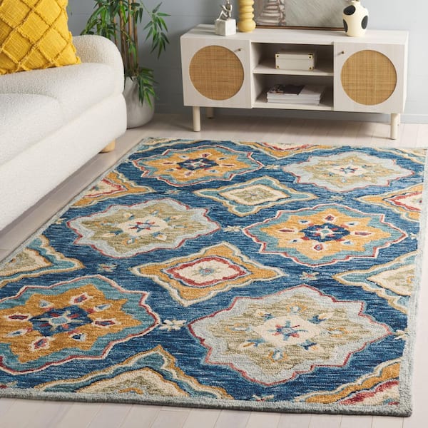 Suzani 6 ft. x 6 ft. Navy/Green Floral Border Square Area Rug