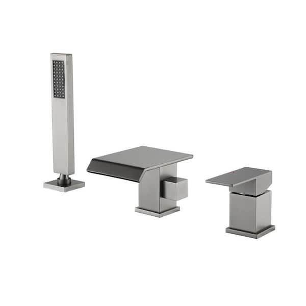Waterfall Single-Handle Deck-Mount Roman Tub Faucet with Hand Shower Modern 3 Hole Brass Bath Tub Fillers in. Gray