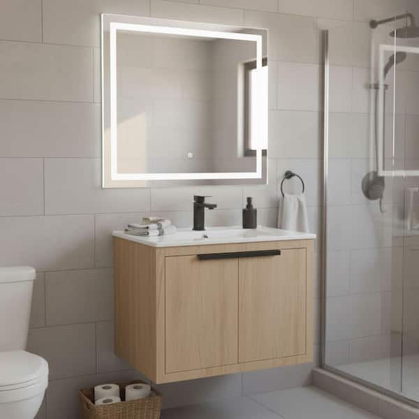 Kingsford 30 in. Single Wall Mounted White Oak Bath Vanity with Doors with White Ceramic Sink Top