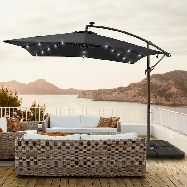 JOYESERY 8.2 ft. Square Solar LED Cantilever Patio Umbrellas With Base in Black