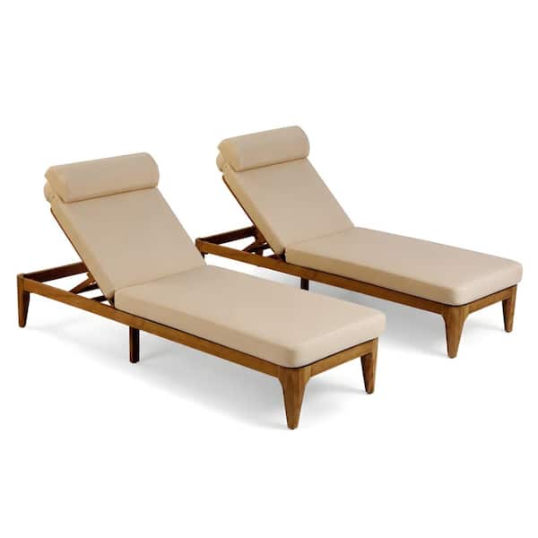 Acacia Wood Chaise Lounge Set of 2 - Outdoor Patio Recliner with Adjustable Backrest and Head Pillow, Coffee Brown
