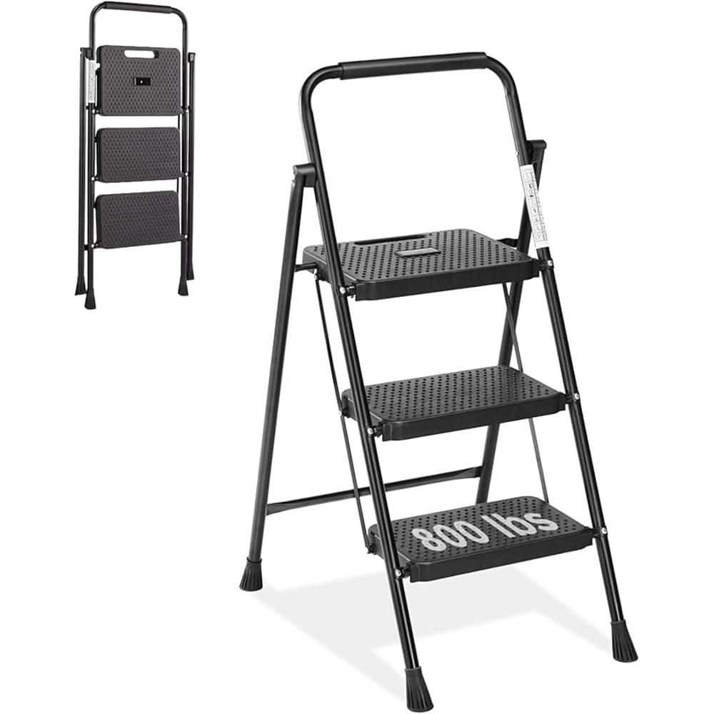 Lightweight Step Stool, 3-Step Steel Portable Folding Step Ladder with Wide