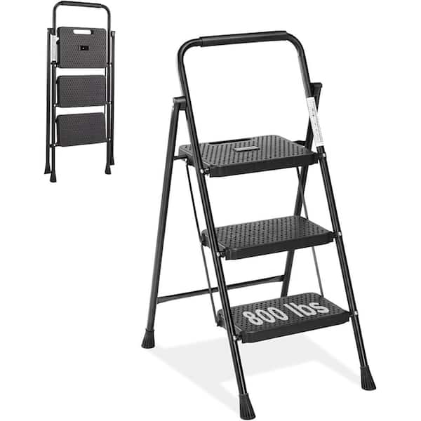 Unbranded Lightweight Step Stool, 3-Step Steel Portable Folding Step Ladder with Wide Anti-Slip Pedals, 800 lbs. Load