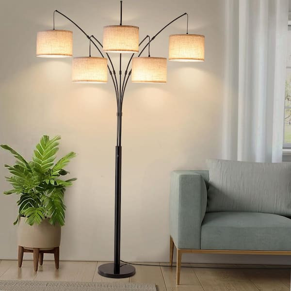 80" Arc Black Modern 5-Light Tall Standing Tree-Style Floor Lamp with Remote, Adjustable Arched Arm, 3-Color Temperature