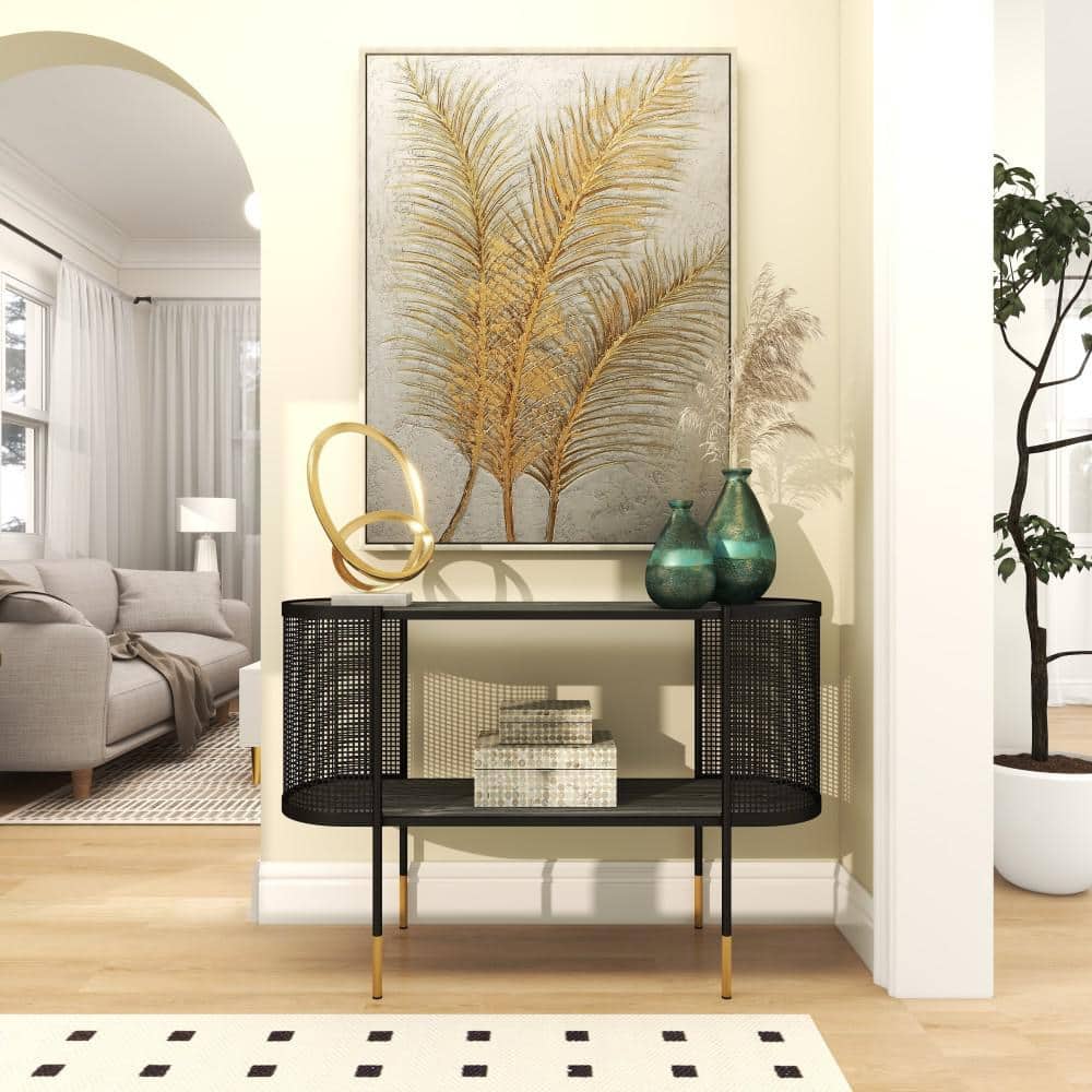 Elegant Black Metal Console Table with Storage Shelf