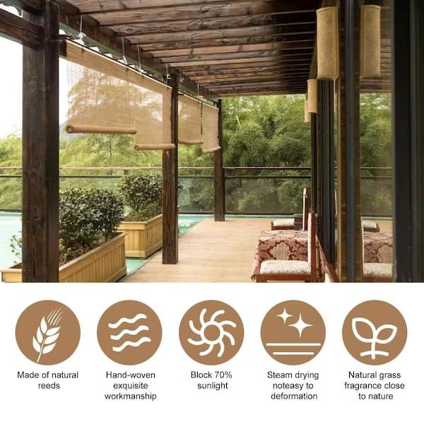 Wellco 24 in. x 64 in. Bamboo Reed Roll Shade with Lifter Used to