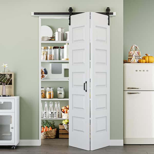 48 in. x 84 in. Paneled 5-Lite White Primed MDF Composite Bi-fold Sliding Barn Door with Hardware Kit and Handle