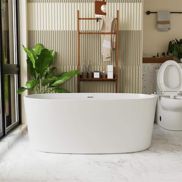 INSTER LOOP 67 in. Acrylic Oval Freestanding Soaking Non-Whirlpool Flatbottom Bathtub in White Included Center Drain