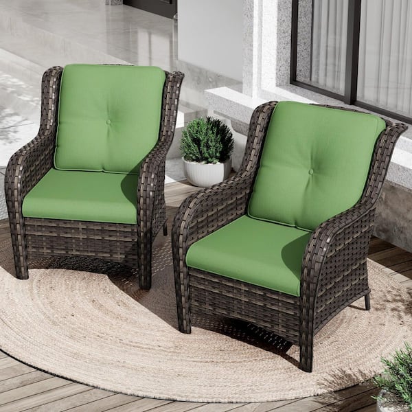 Ergonomic Arm 2-Piece Patio Wicker Outdoor Lounge Chair with Thick Green Cushions