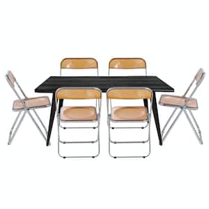 Lawrence 7-Piece Dining Set with Acrylic Foldable Chairs and Rectangular Dining Table with Metal Legs, Tangerine