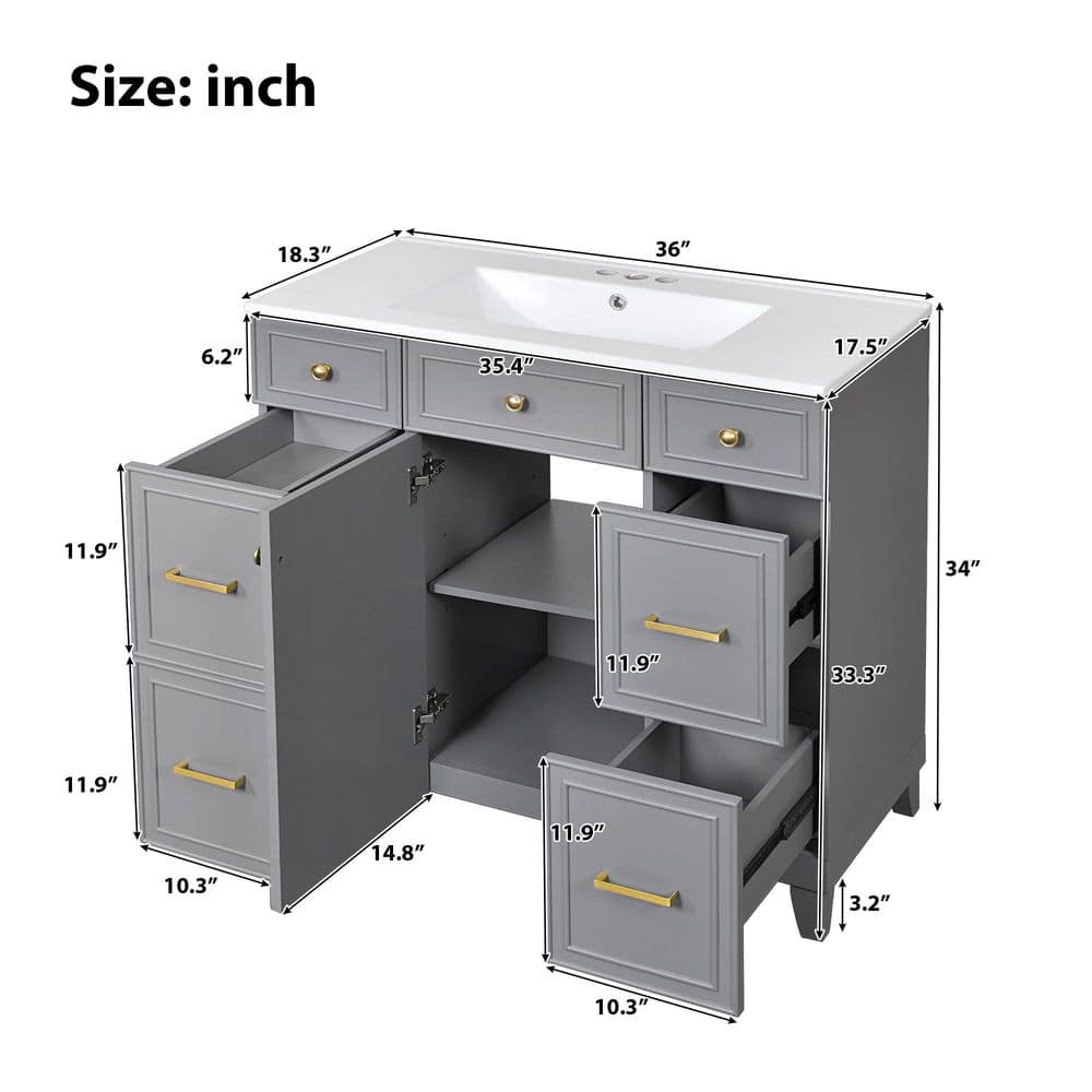 Madison 36 in. Single Sink Freestanding Gray Bath Vanity with White Ceramic Top Unassembled price history on PriceWatchPro
