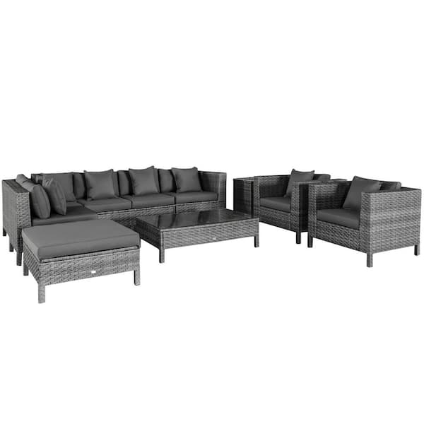 Outsunny 9-Piece Outdoor Wicker Patio Conversation Sets, Sofa Sets with Removable Black Cushion, Footstool