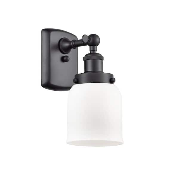 Bell 1-Light Matte Black, Matte White Wall Sconce with White Glass Shade