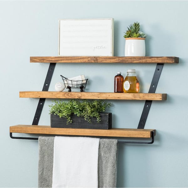 MOOCSIC Floating Shelves for Bathroom 14 inch Set of 3 Natural Pine Real Wood Shelf No Drill 2 Way of Wall Mounted Shelves for Storage Rustic Shelf