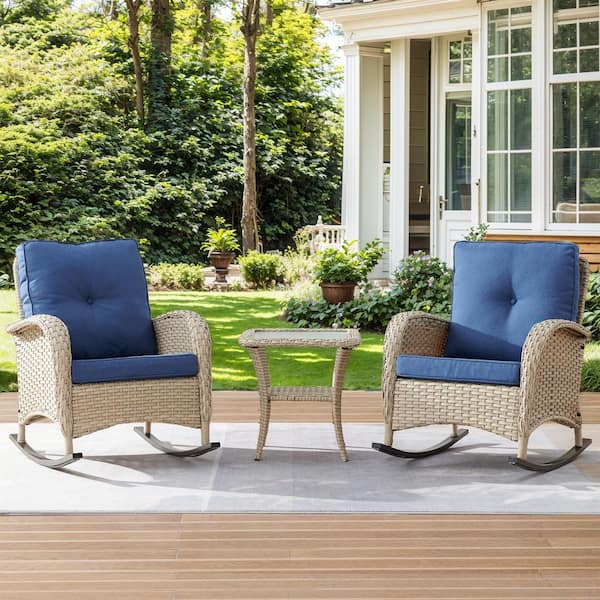 Light Beige 3-Piece Wicker Outdoor Rocking Chair with Blue Cushions and Side Table