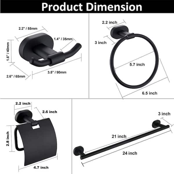 Kimzcn 5-Piece Matte Black Bathroom Accessory Kit – 24” Double Towel Bar, 12” Bar, Toilet Paper Holder, 2 Hooks, SUS 304 Stainless Steel