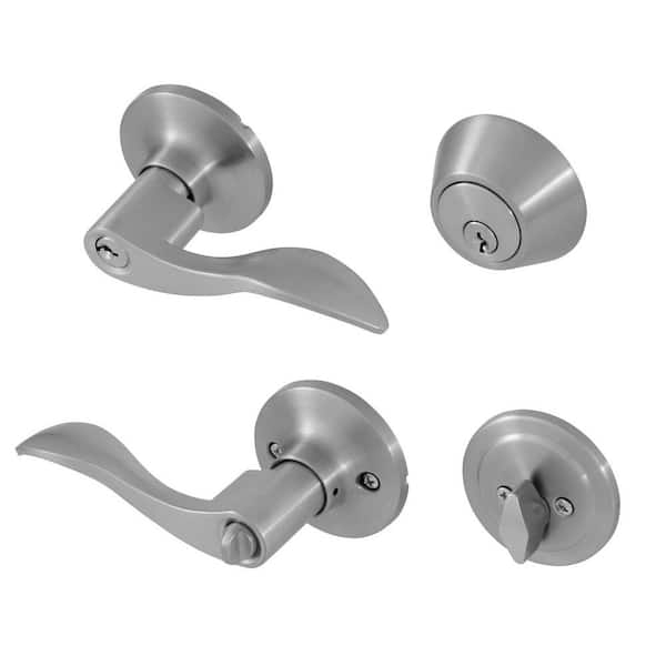 Honeywell 2.5 in. Satin Nickel Wave Handle Door Lock Combo Kit