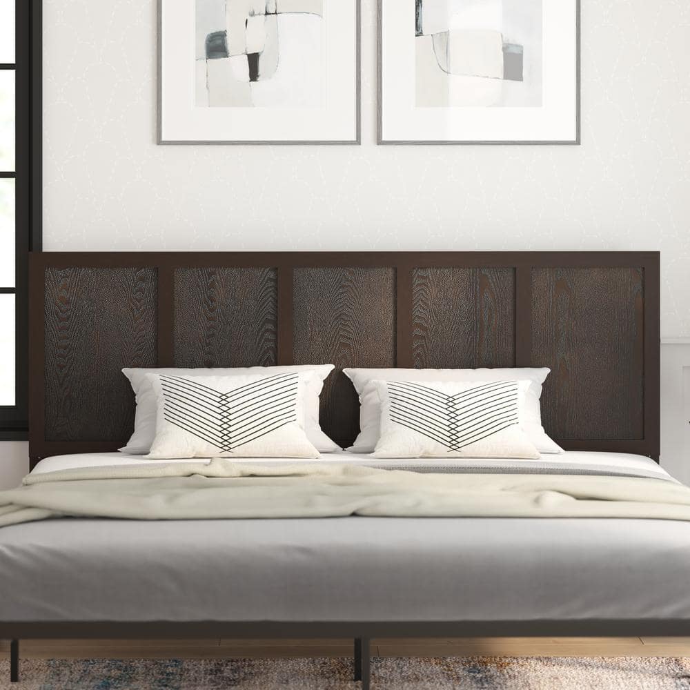 King Dark Brown Solid Wood and Metal Paneled Headboard