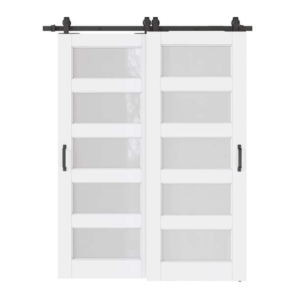 56 in. x 80 in. (Double 32 in. ) 5 Lite Frosted Glass White Primed MDF Interior Sliding Door with Hardware Kit Bypass