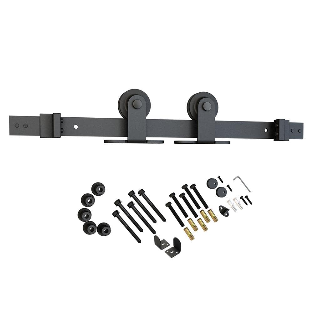 78 in. Black Solid Steel Rolling Barn Door Hardware Kit for Single Wood Doors with Non-Routed Adjustable Floor Guides -  American Pro Decor, 5APD10670