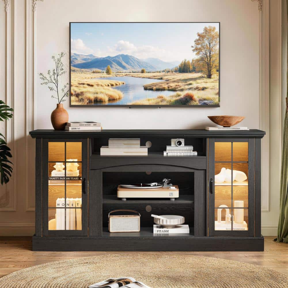 58" Farmhouse TV Stand for TVs up to 65 Inches, Entertainment Center with Storage Cabinets, Black