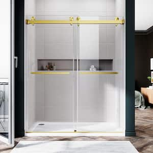 UKD01 56 in. to 60 in. W x 72 in. H Double Sliding Frameless Shower Door Satin Brass, EnduroShield 3/8 in. Clear Glass