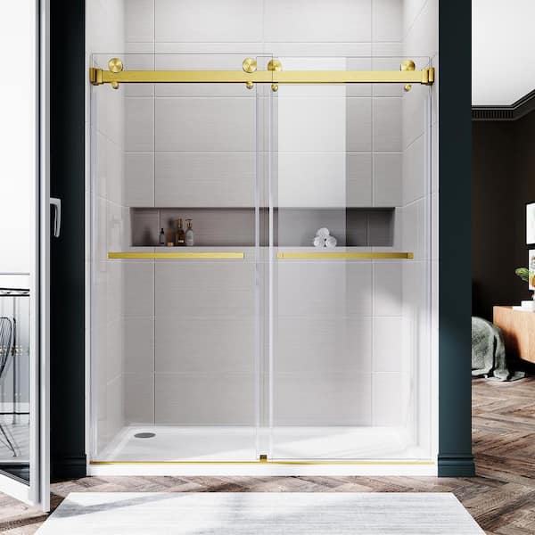 UNIKOO UKD01 56 in. to 60 in. W x 72 in. H Double Sliding Frameless Shower Door Satin Brass, EnduroShield 3/8 in. Clear Glass