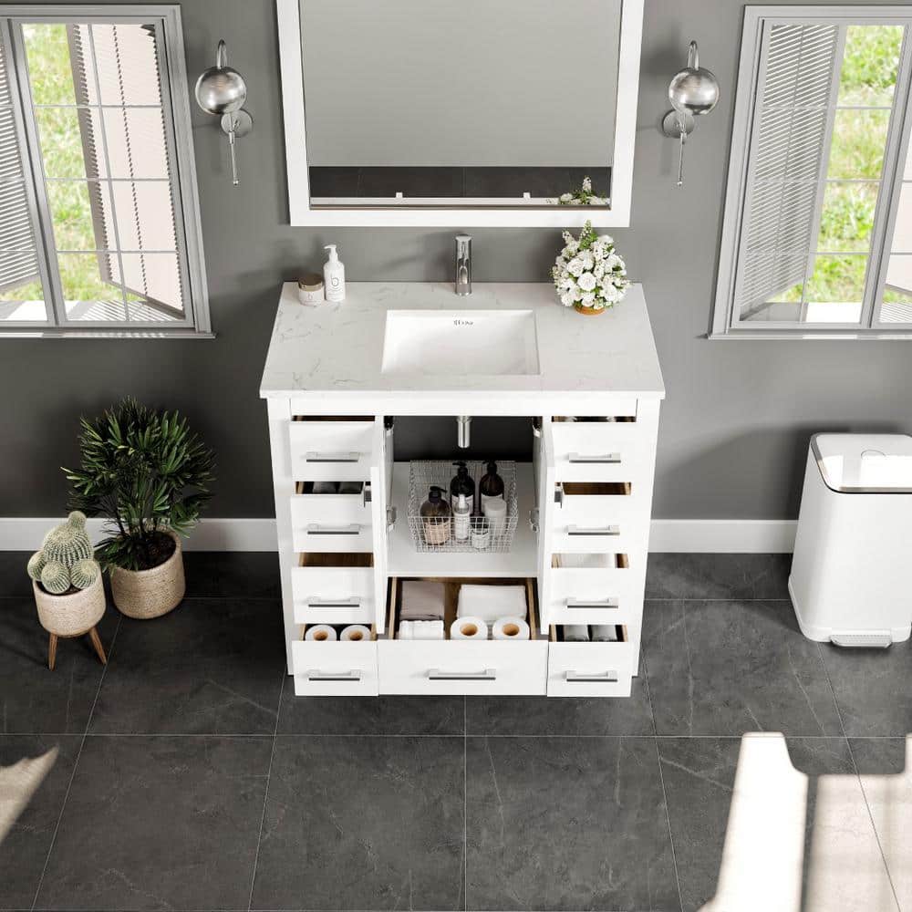 Eviva Hampton 36" White Vanity with Carrara Quartz Top