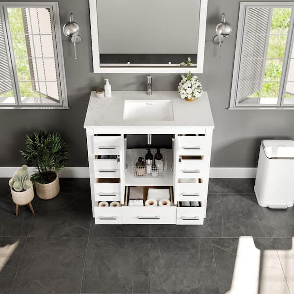 Hampton 36 in. Single Sink White Bath Vanity with White Quartz Marble Top (Assembled)