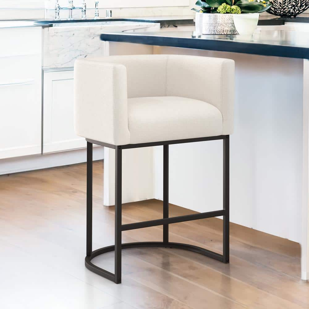 26 in.Beige and Black Low Back Bar Stool with Metal Frame Counter Height Linen Upholstered Counter Stool (Set of 1) -  LUE BONA, LB23CH0044-100