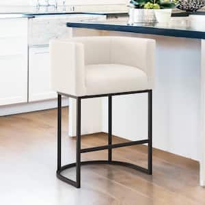 26 in.Beige and Black Low Back Bar Stool with Metal Frame Counter Height Linen Upholstered Counter Stool (Set of 1)