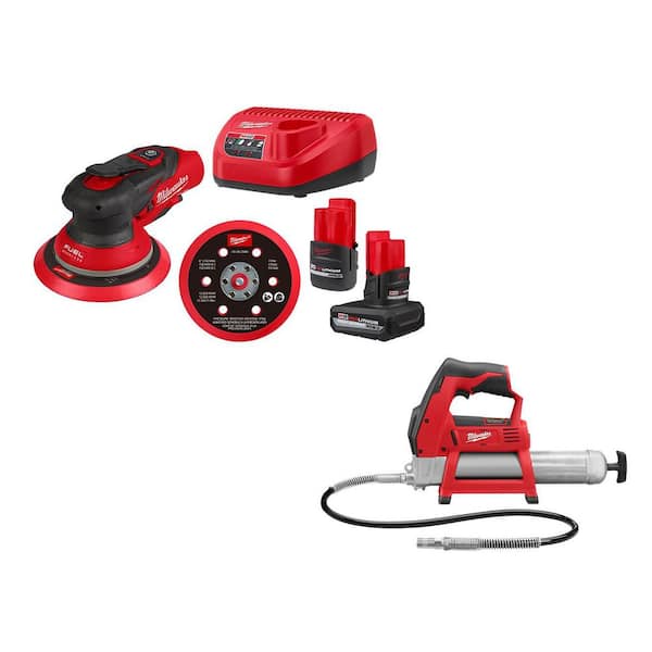 M12 FUEL 12-Volt Li-Ion Brushless Cordless 6 in. Random Orbital Sander Kit (3/16 in) w M12 Batteries & M12 Grease Gun