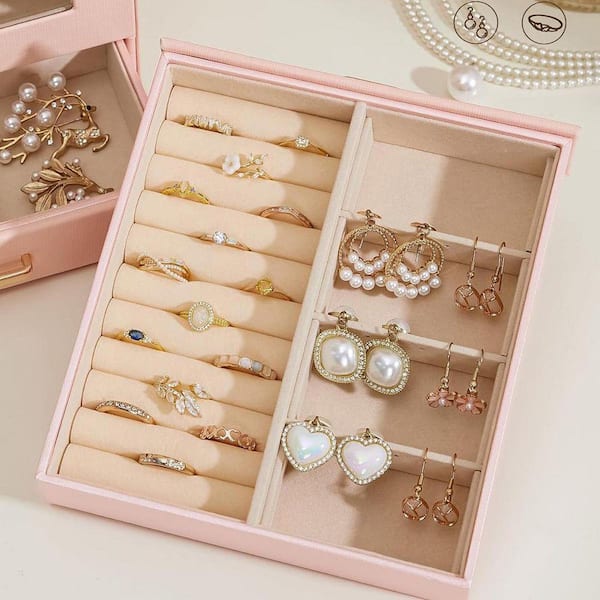 Peach Pink 7 in. x 9 in. Polyurethane Modern Jewelry Box with 3
