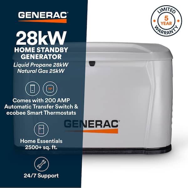 28kW Air-Cooled Auto Start Nat Gas/Propane Whole House Generator 200 Amp Transfer Switch, Mobile Monitoring,Thermostat