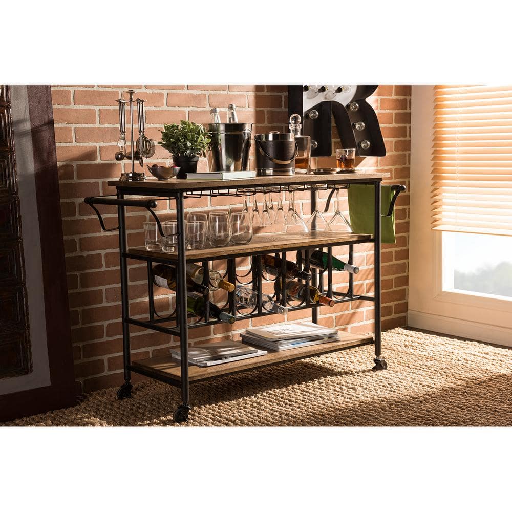 Antique Black & Weathered Oak Mobile Bar Cart with Wine Rack and Storage