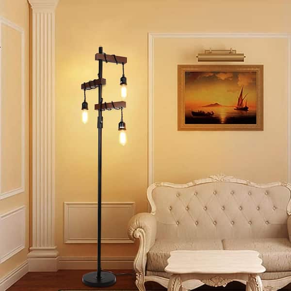 Logmey 68 in. 3-Light Black Boho Modern Rope Standard Floor Lamp with Foot Switch for Living Room