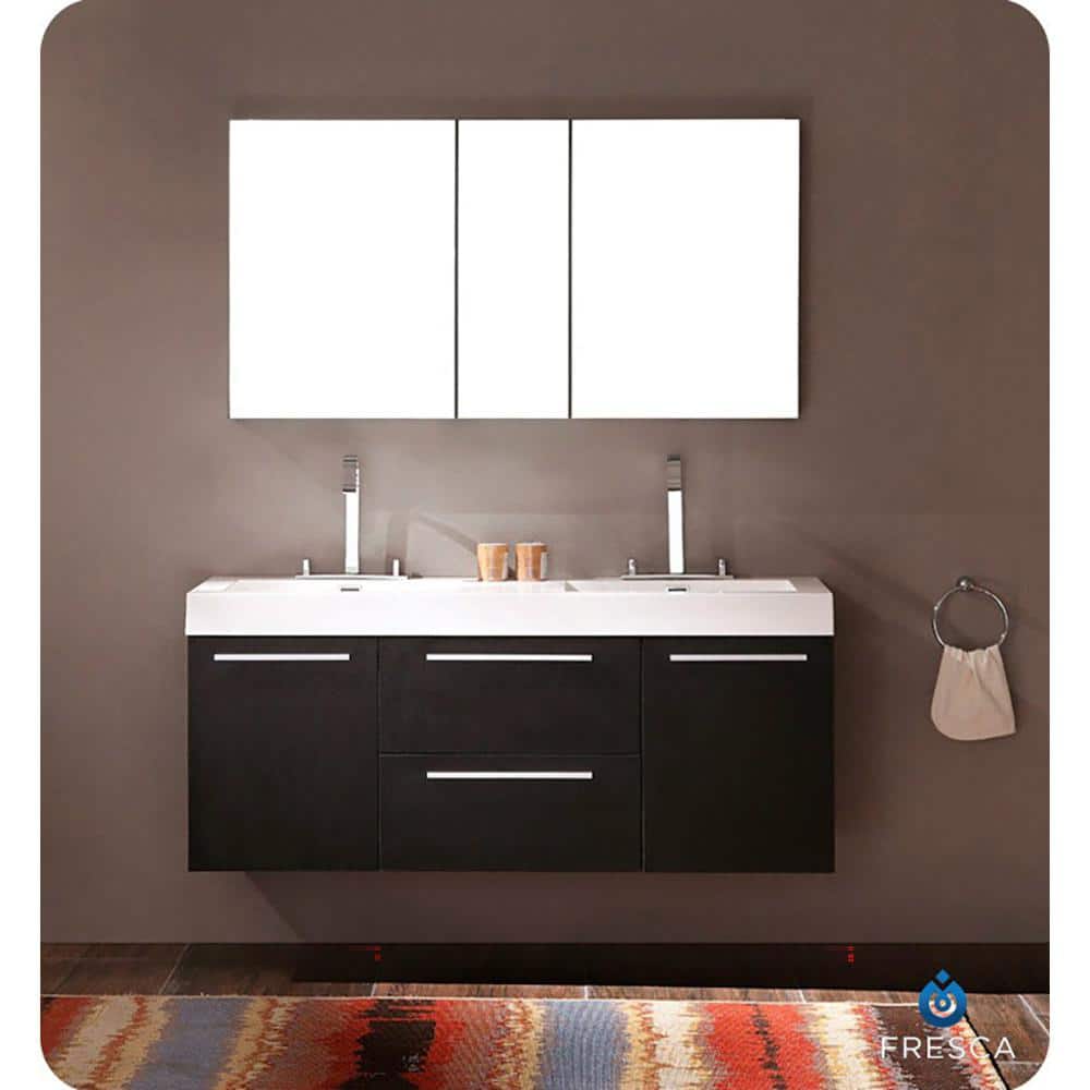 Black Engineered Wood Wall-Mount Double Vanity Base, 54-inch