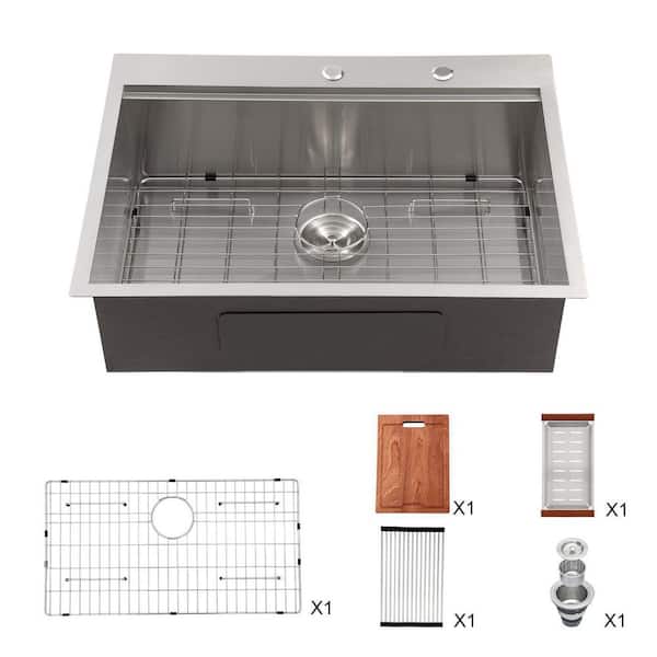 Sarlai 16 Gauge Stainless Steel 30 in. Single Bowl Drop-In Workstation ...