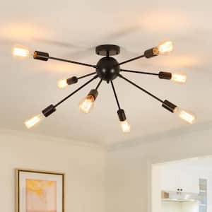 30.11 in. 8-Light Black Sputnik Semi Flush Mount Chandelier for Bedroom Living Room with No Bulbs Included