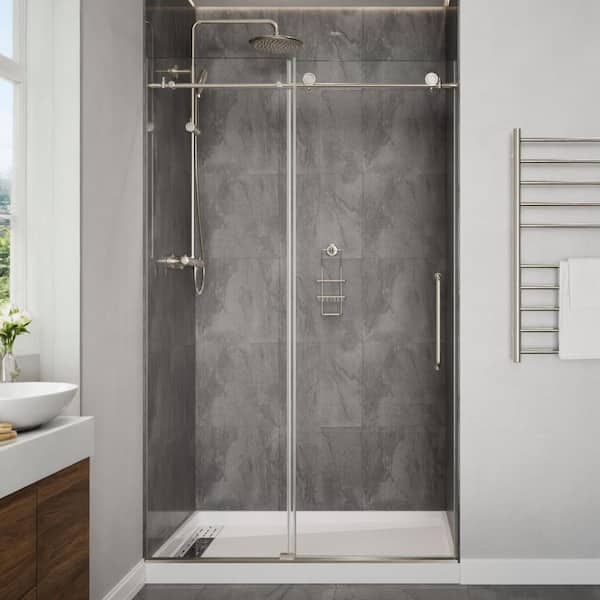 ANZZI Cipressi Series 48 in. x 76 in. H Sliding Frameless Shower Door in Brushed Nickel with Tsunami Guard Tempered Glass