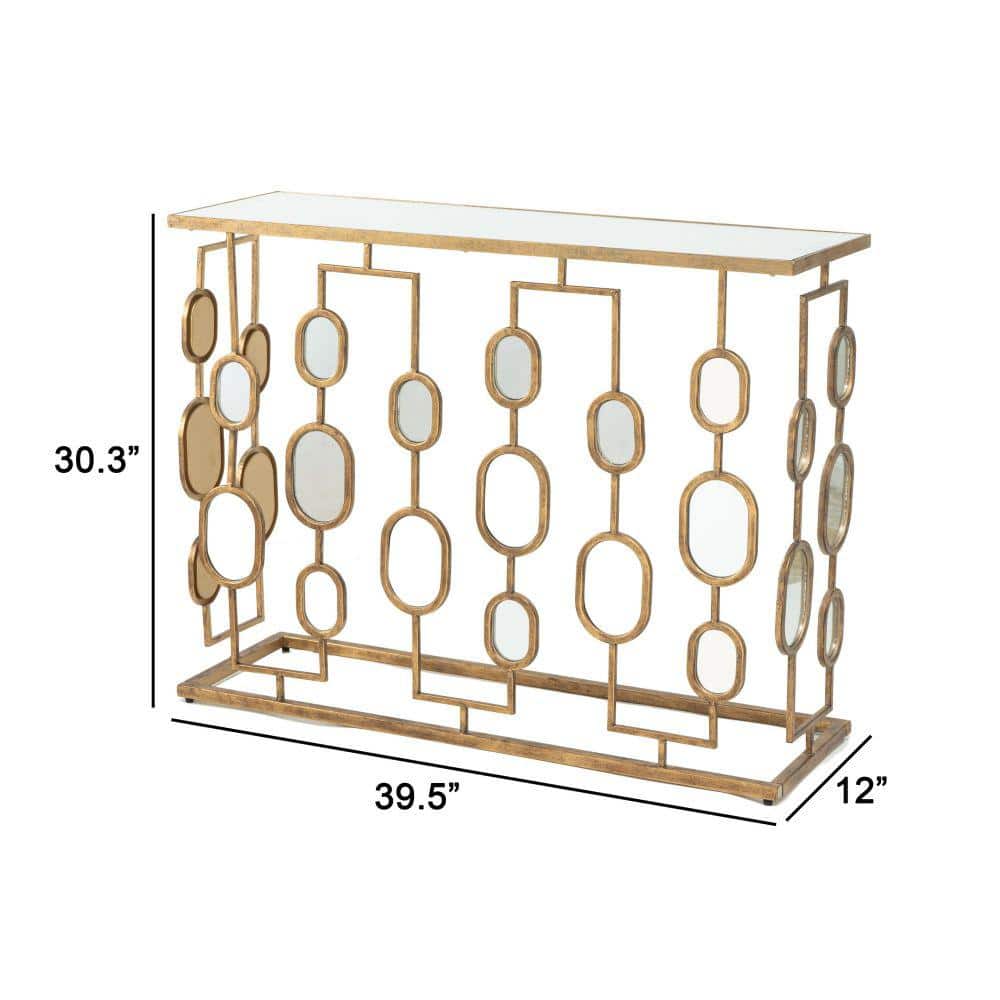 Vintage Gold Finish Iron Console Table with Mirrored Top, 40"