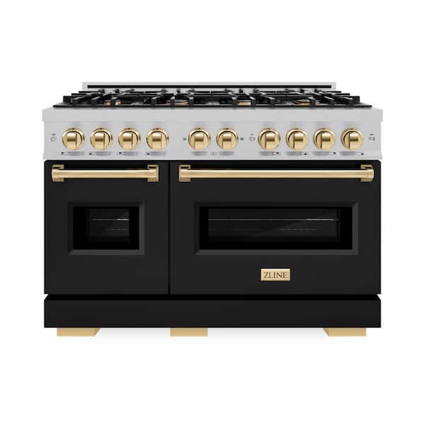 Autograph 48 in. Classic Double Oven Dual Fuel Range with 8 Burners in Satin Steel with Black Doors and Gold Accents