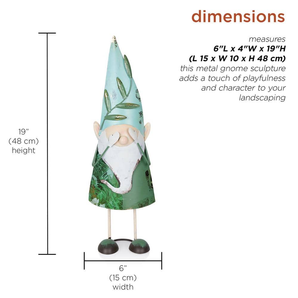 Whimsical Green Iron Hide-and-Seek Garden Gnome, 19"
