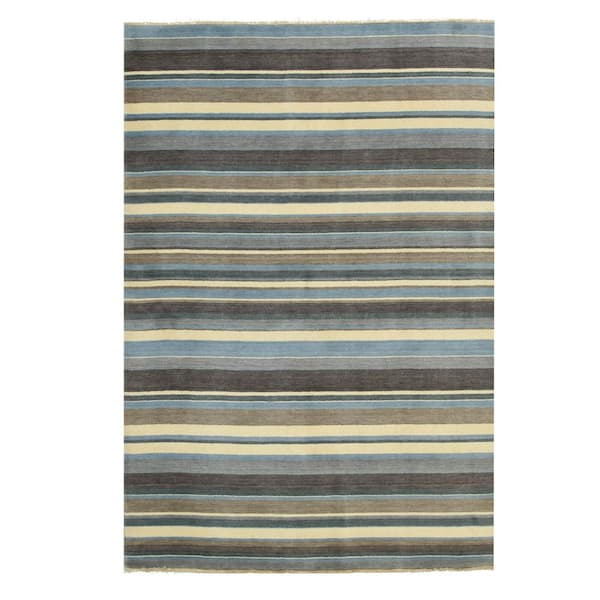 2 ft. x 10 ft. Blue/Brown Striped Handmade Wool Area Rug
