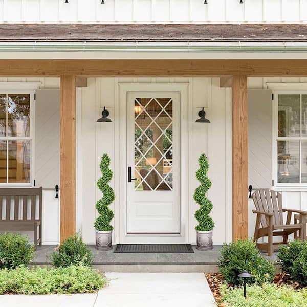 4 ft. Artificial Spiral Boxwood Topiary Tree in Gray Planter Evergreen Faux Plant Indoor Outdoor Home Decor (2-Pack)