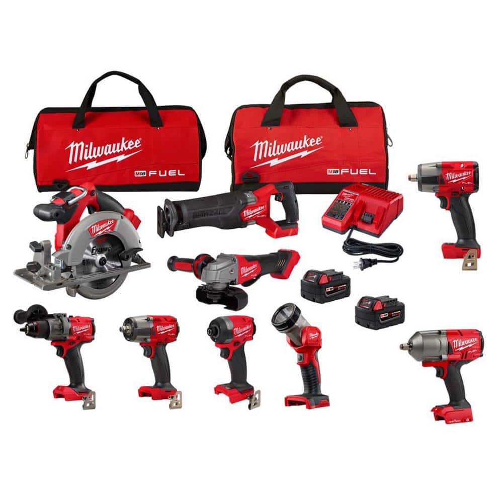 Milwaukee M18 FUEL 18V Lithium-Ion Brushless Cordless Combo Kit with (2) 1/2 in. Impact Wrenches w/Friction Ring (9-Tool) -  3697-27-2967