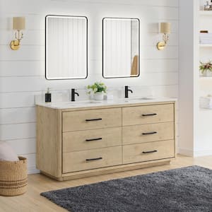 Porto 72 in. W x 22 in. D x 33.8 in. H Double Sink Bath Vanity in Natural Oak with White Quartz St1 Top and Mirror