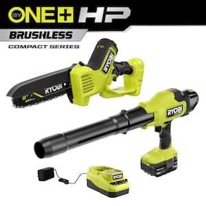 ONE+ HP 18V Brushless 220 CFM 140 MPH Blower & 18V Brushless 8 in. Battery Compact Chainsaw w/4.0 Ah Battery & Charger