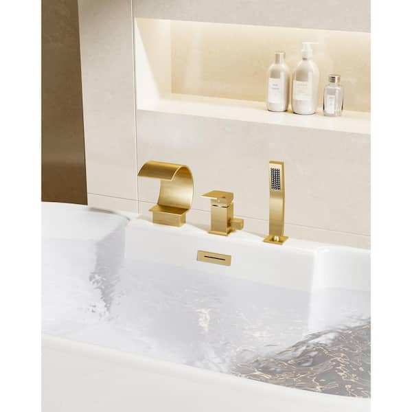 YAWWALK Single-Handle Deck-Mount Roman Tub Faucet with Anti-fingerprint Handheld Shower in Brushed Gold (Valve Included)